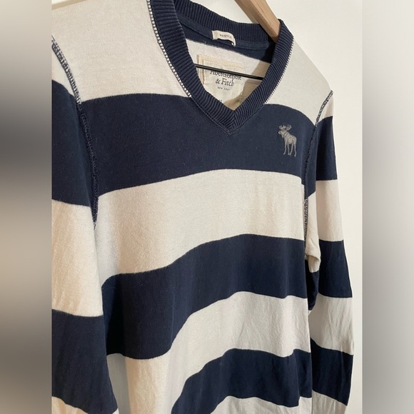 Abercrombie & Fitch Sweater Navy/White Muscle VNeck Stripe Long Sleeve XL Y2K - Picture 3 of 10